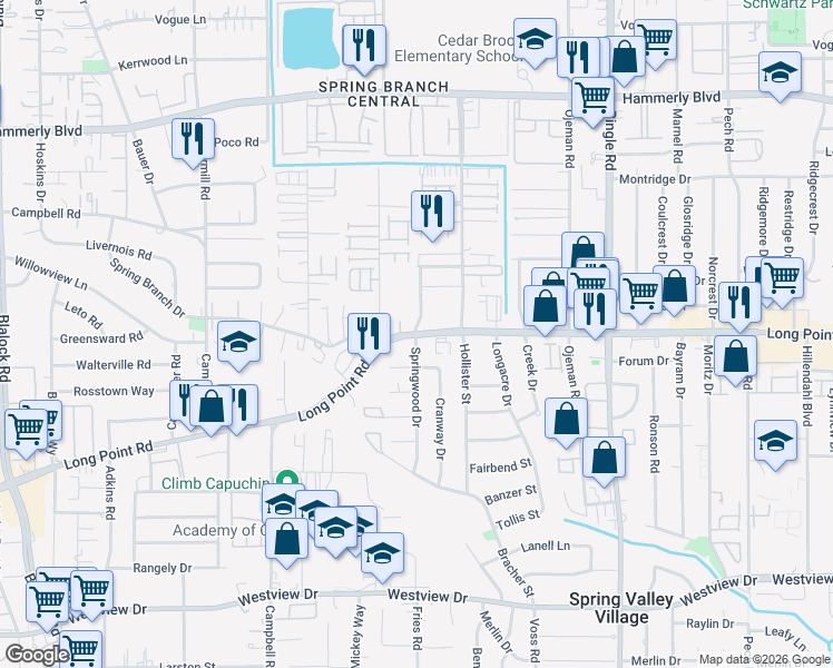 map of restaurants, bars, coffee shops, grocery stores, and more near 8810 Long Point Road in Houston