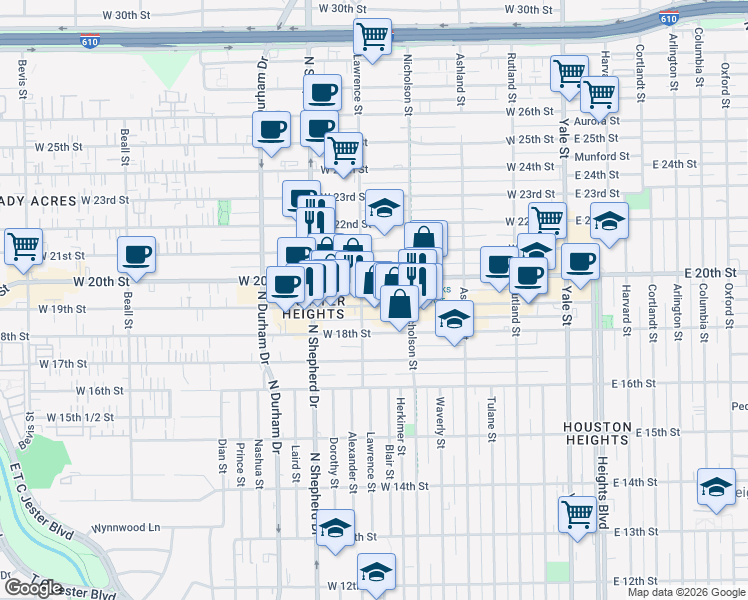 map of restaurants, bars, coffee shops, grocery stores, and more near 545 West 19th Street in Houston