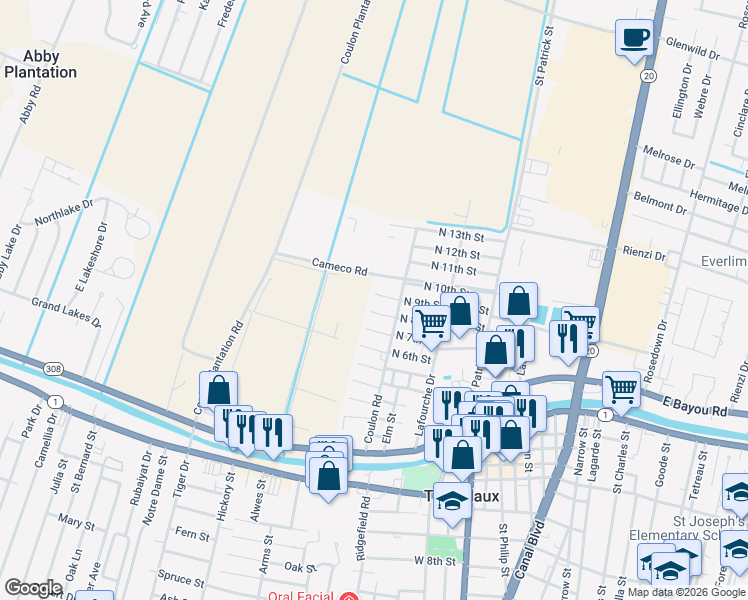 map of restaurants, bars, coffee shops, grocery stores, and more near 113 Daisy Street in Thibodaux