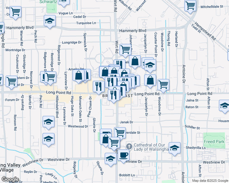 map of restaurants, bars, coffee shops, grocery stores, and more near in Houston