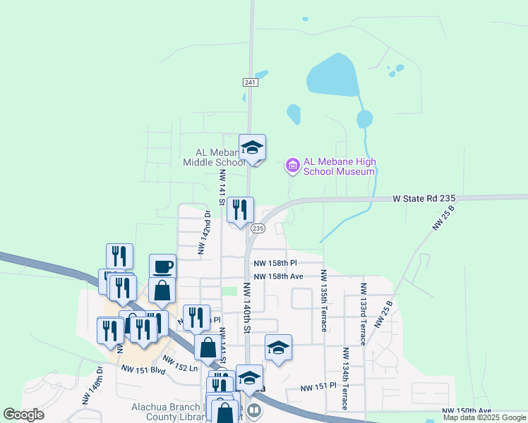 map of restaurants, bars, coffee shops, grocery stores, and more near 16116 Northwest 140th Street in Alachua