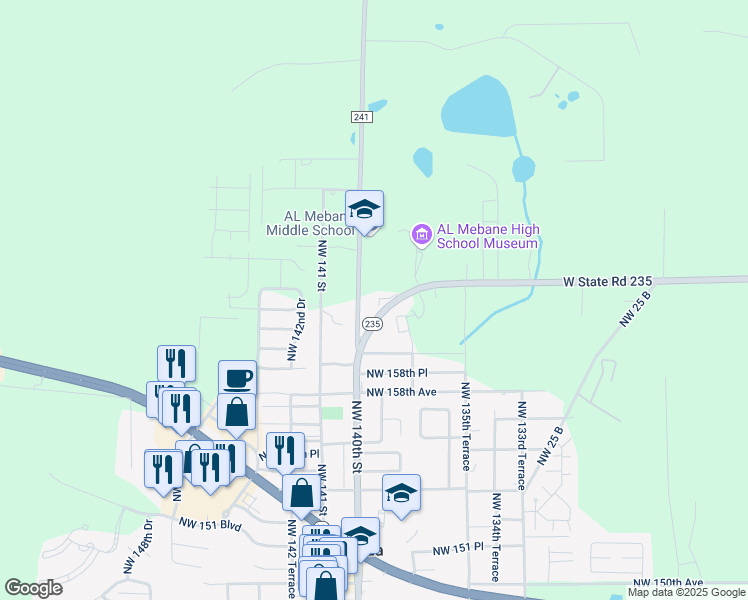 map of restaurants, bars, coffee shops, grocery stores, and more near 16116 Northwest 140th Street in Alachua