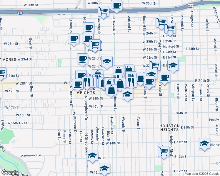 map of restaurants, bars, coffee shops, grocery stores, and more near in Houston