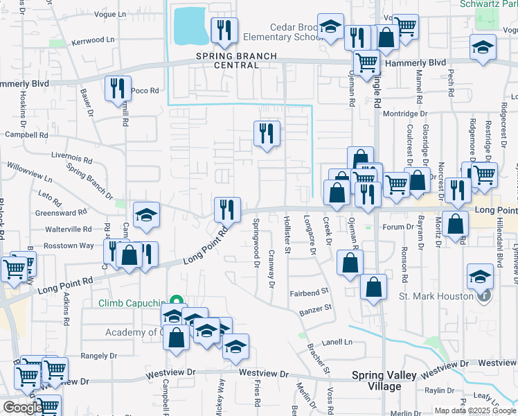 map of restaurants, bars, coffee shops, grocery stores, and more near 8810 Long Point Road in Houston