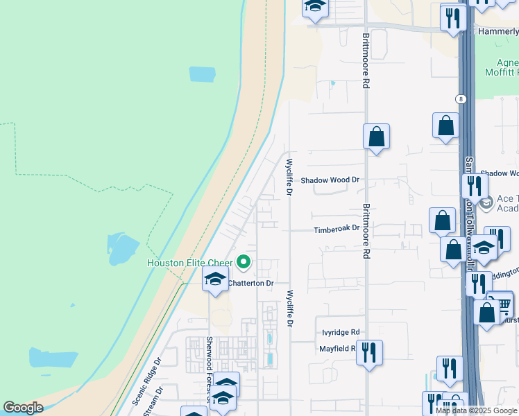 map of restaurants, bars, coffee shops, grocery stores, and more near 20 Sherwood Forest Street in Houston