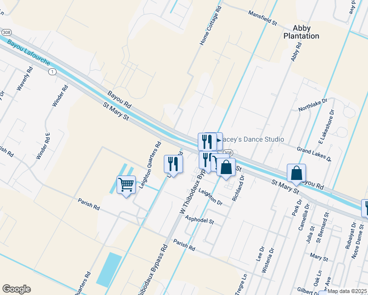 map of restaurants, bars, coffee shops, grocery stores, and more near 101 Leighton Road in Thibodaux