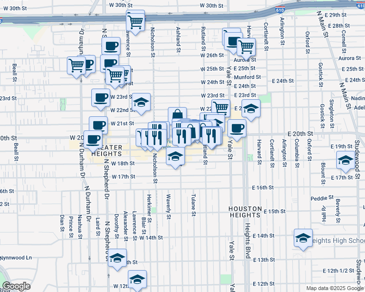map of restaurants, bars, coffee shops, grocery stores, and more near 332 West 20th Street in Houston