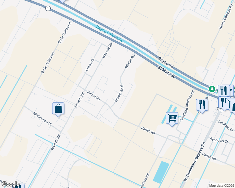 map of restaurants, bars, coffee shops, grocery stores, and more near 300 Winder Road East in Thibodaux