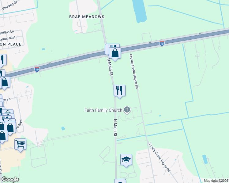map of restaurants, bars, coffee shops, grocery stores, and more near 6805 North Main Street in Baytown