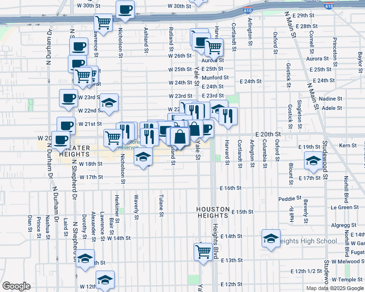 map of restaurants, bars, coffee shops, grocery stores, and more near 200 West 20th Street in Houston