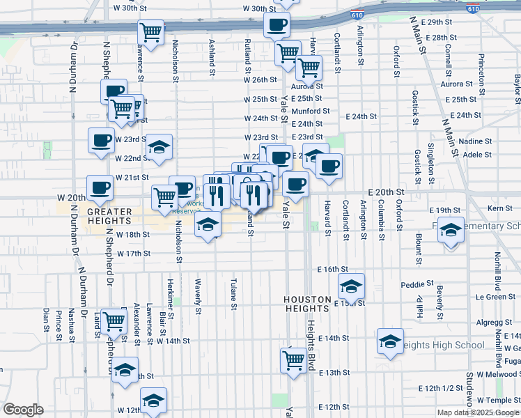 map of restaurants, bars, coffee shops, grocery stores, and more near in Houston