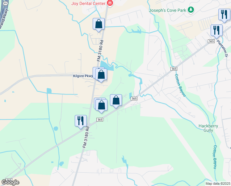 map of restaurants, bars, coffee shops, grocery stores, and more near 4702 Joe Patch Road in Baytown
