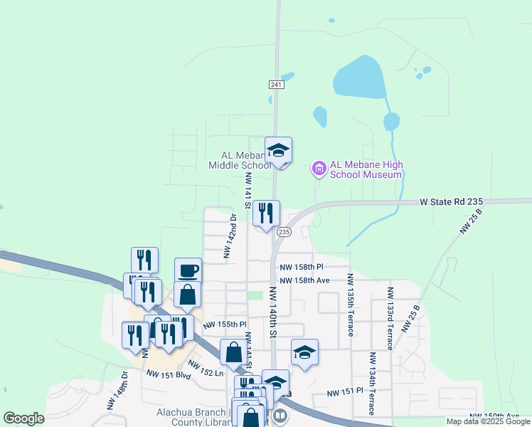 map of restaurants, bars, coffee shops, grocery stores, and more near 16116 Northwest 140th Street in Alachua