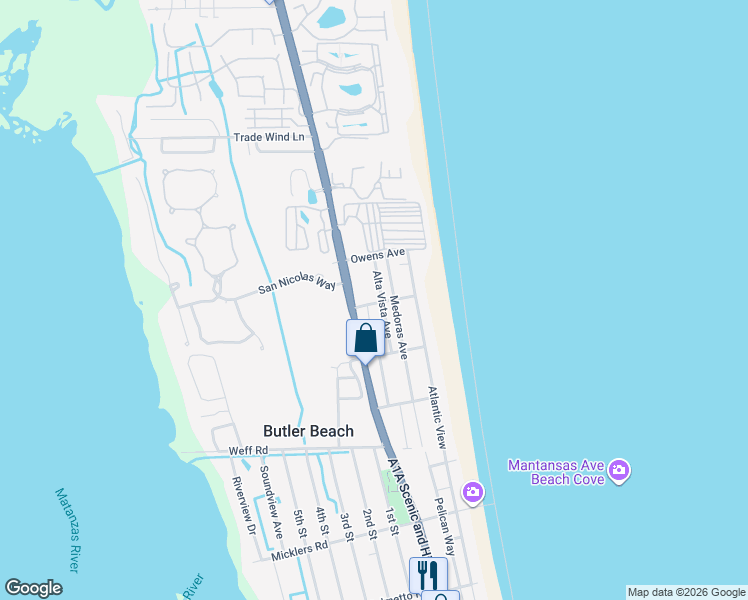 map of restaurants, bars, coffee shops, grocery stores, and more near 4999 Alta Vista Avenue in Saint Augustine