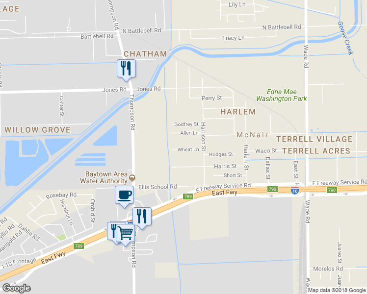 map of restaurants, bars, coffee shops, grocery stores, and more near 2115 Wheat Lane in Baytown