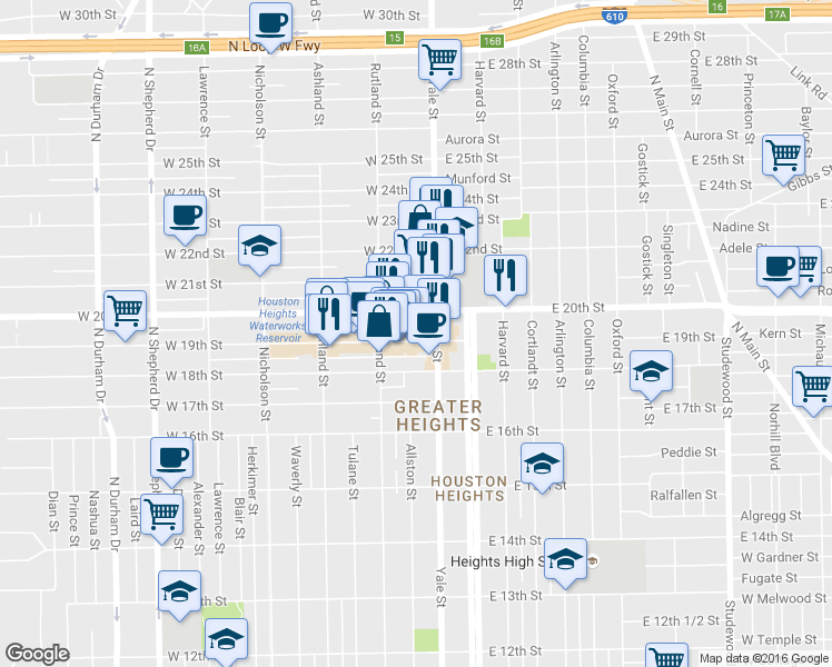 map of restaurants, bars, coffee shops, grocery stores, and more near 215 West 19th Street in Houston