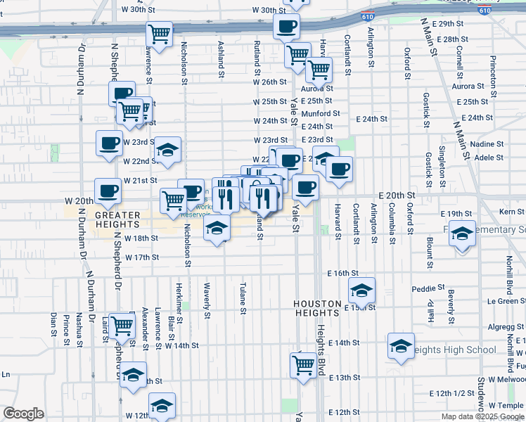 map of restaurants, bars, coffee shops, grocery stores, and more near in Houston