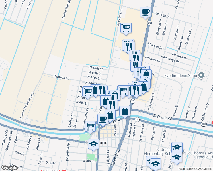 map of restaurants, bars, coffee shops, grocery stores, and more near 101 North 10th Street in Thibodaux