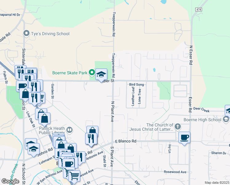 map of restaurants, bars, coffee shops, grocery stores, and more near 407 North Plant Avenue in Boerne