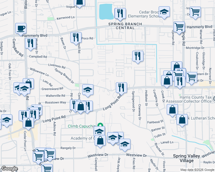 map of restaurants, bars, coffee shops, grocery stores, and more near 1711 Laverne Street in Houston