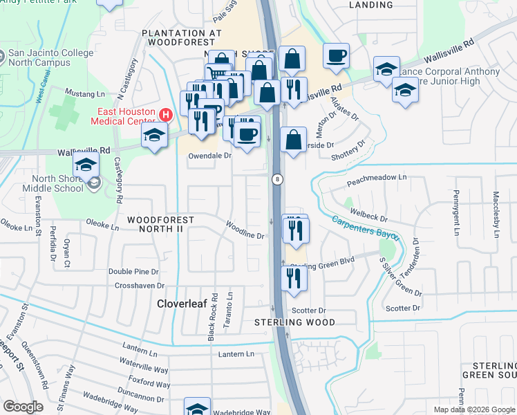 map of restaurants, bars, coffee shops, grocery stores, and more near 14614 Hollow Ash Court in Houston