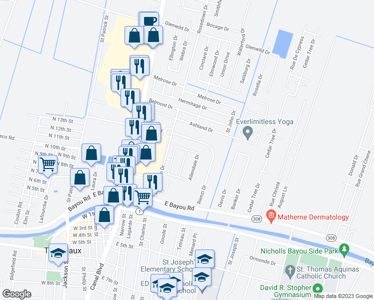 map of restaurants, bars, coffee shops, grocery stores, and more near Columbia Drive in Thibodaux