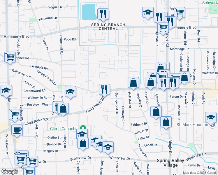 map of restaurants, bars, coffee shops, grocery stores, and more near 8860 Spring Branch Drive in Houston