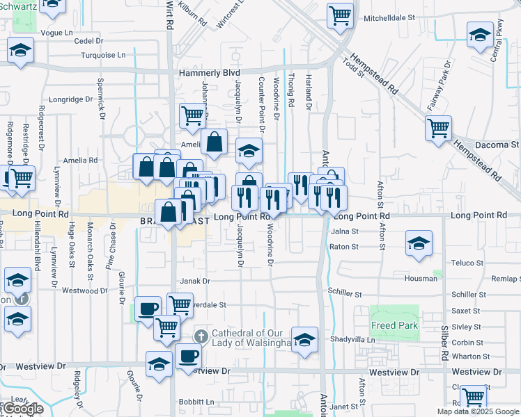 map of restaurants, bars, coffee shops, grocery stores, and more near 7550 Long Point Road in Houston