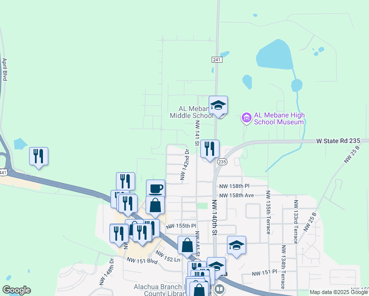 map of restaurants, bars, coffee shops, grocery stores, and more near 14271 Northwest 162nd Place in Alachua