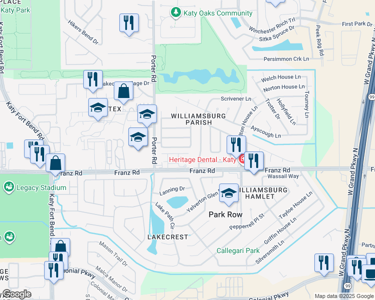 map of restaurants, bars, coffee shops, grocery stores, and more near 24211 Emory Green Street in Katy