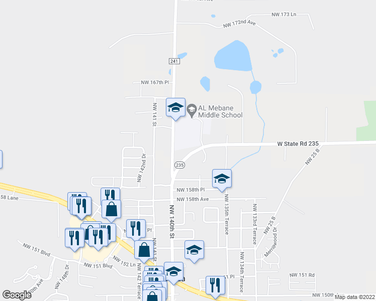 map of restaurants, bars, coffee shops, grocery stores, and more near 13810 West State Road 235 in Alachua