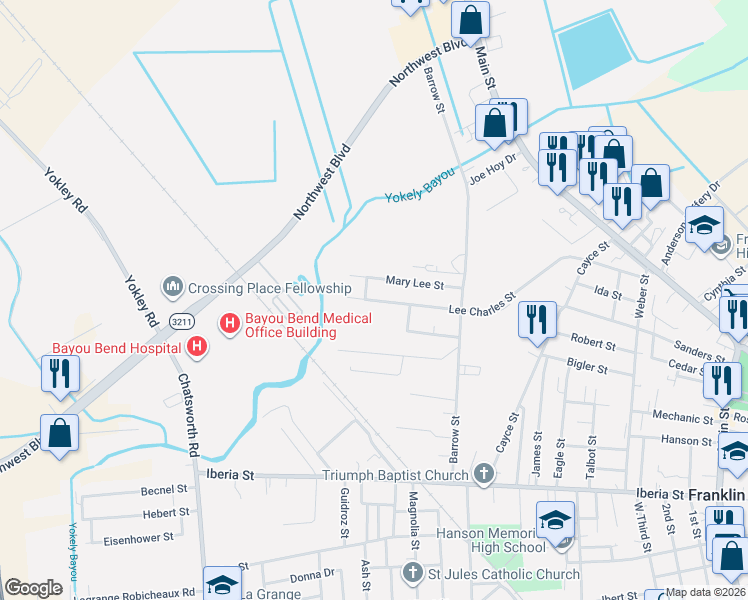 map of restaurants, bars, coffee shops, grocery stores, and more near Domingue St in Franklin