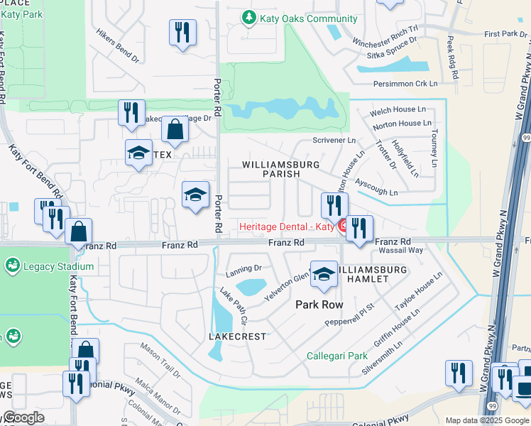 map of restaurants, bars, coffee shops, grocery stores, and more near 24211 Emory Green Street in Katy