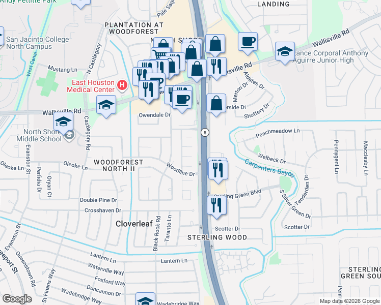 map of restaurants, bars, coffee shops, grocery stores, and more near 14614 Hollow Ash Court in Houston
