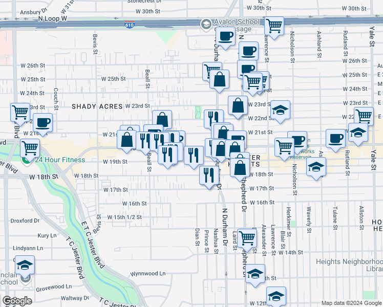 map of restaurants, bars, coffee shops, grocery stores, and more near 908 West 20th Street in Houston