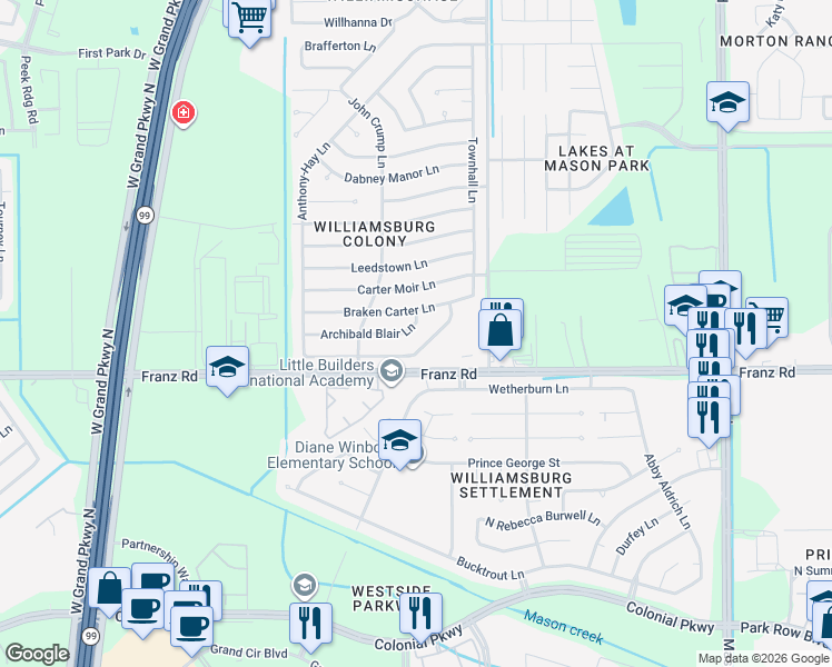 map of restaurants, bars, coffee shops, grocery stores, and more near 22518 Archibald Blair Lane in Katy