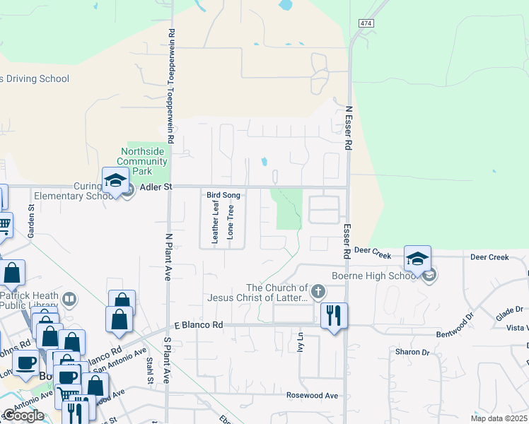 map of restaurants, bars, coffee shops, grocery stores, and more near 203 Stone Creek Drive in Boerne
