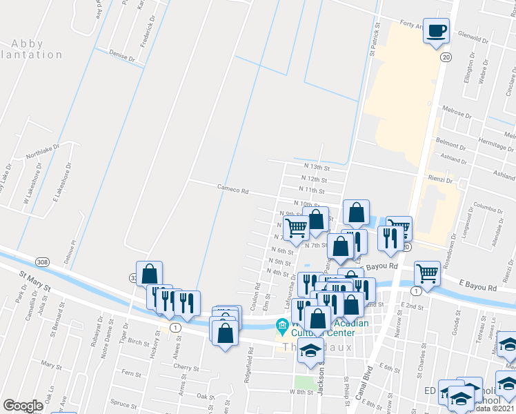 map of restaurants, bars, coffee shops, grocery stores, and more near 113 Daisy Street in Thibodaux