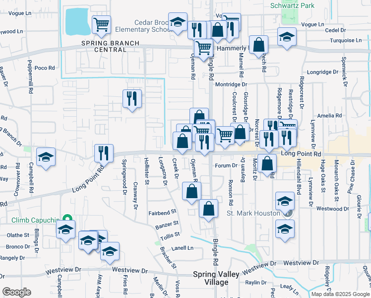 map of restaurants, bars, coffee shops, grocery stores, and more near 8716 Long Point Road in Houston
