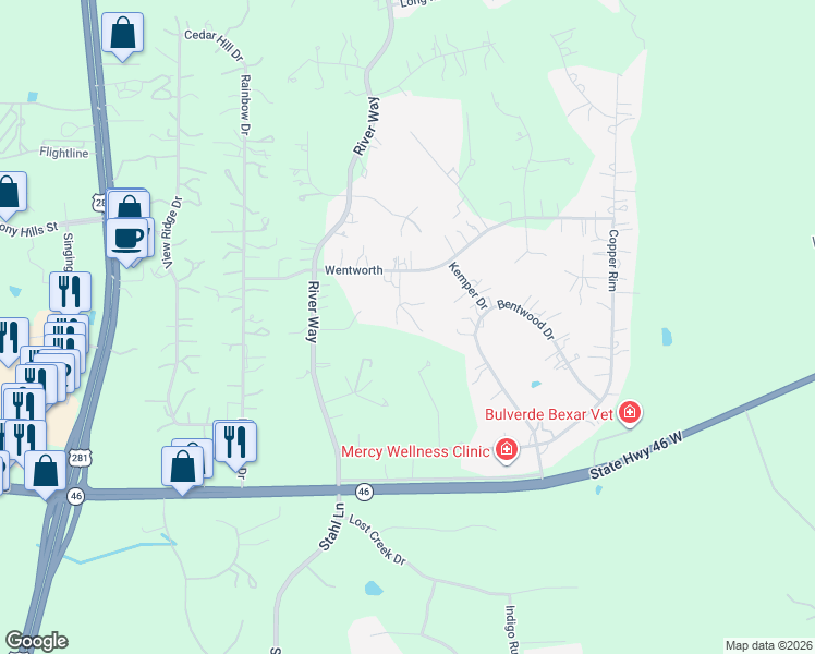 map of restaurants, bars, coffee shops, grocery stores, and more near 141 Grey Mist in Spring Branch