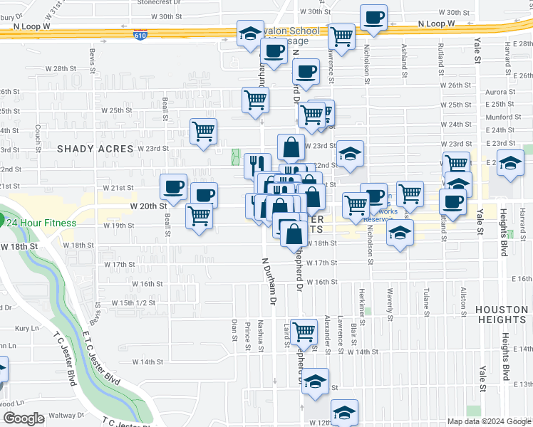 map of restaurants, bars, coffee shops, grocery stores, and more near 746 West 20th Street in Houston