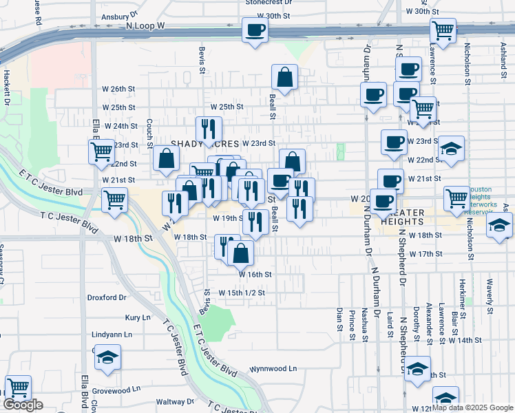 map of restaurants, bars, coffee shops, grocery stores, and more near 1138 West 20th Street in Houston