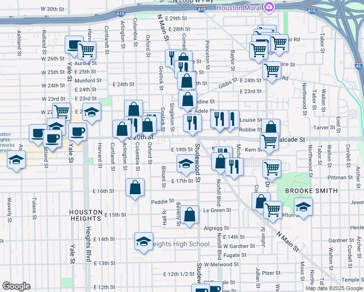map of restaurants, bars, coffee shops, grocery stores, and more near 717 E 19th St in Houston