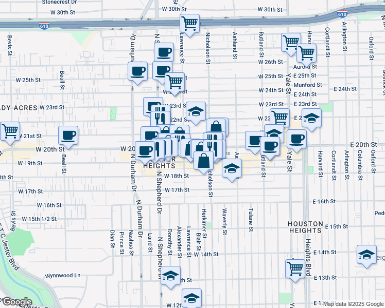 map of restaurants, bars, coffee shops, grocery stores, and more near 545 West 19th Street in Houston