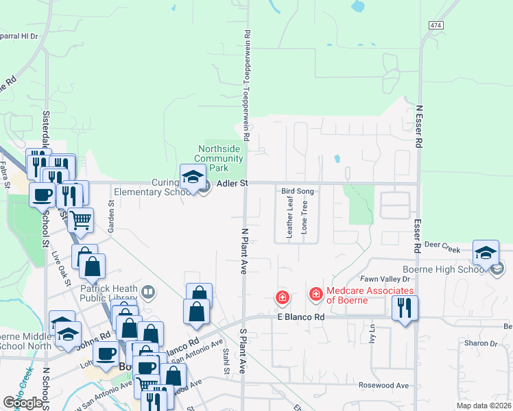 map of restaurants, bars, coffee shops, grocery stores, and more near 134 Oak Grove Drive in Boerne
