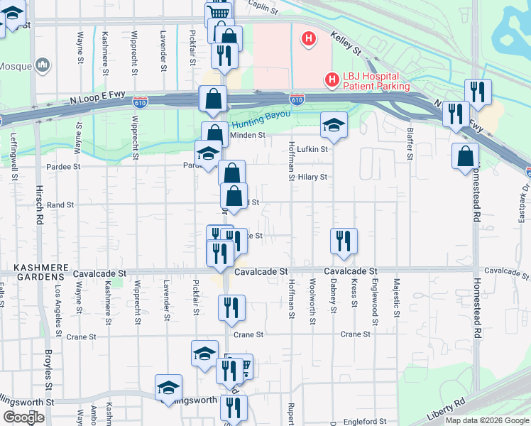 map of restaurants, bars, coffee shops, grocery stores, and more near 5518 Rand Street in Houston