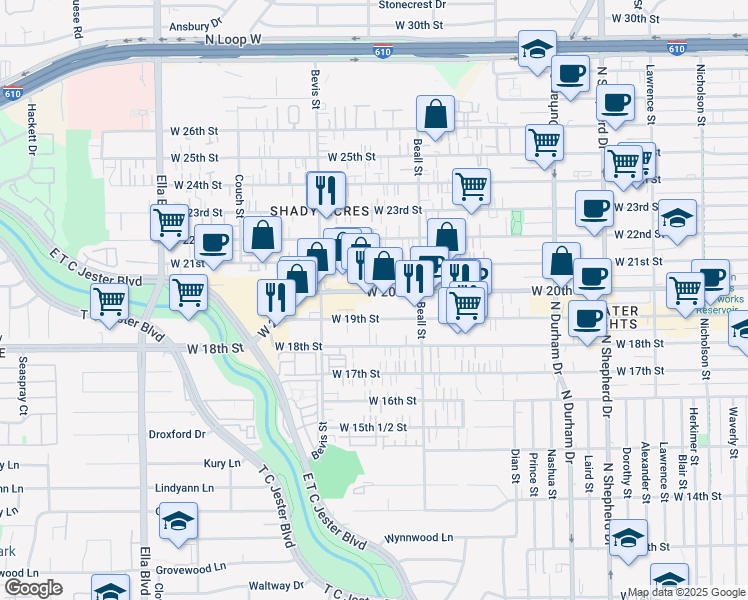map of restaurants, bars, coffee shops, grocery stores, and more near 1138 West 20th Street in Houston