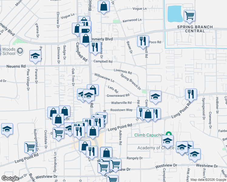 map of restaurants, bars, coffee shops, grocery stores, and more near 9345 Leto Road in Houston