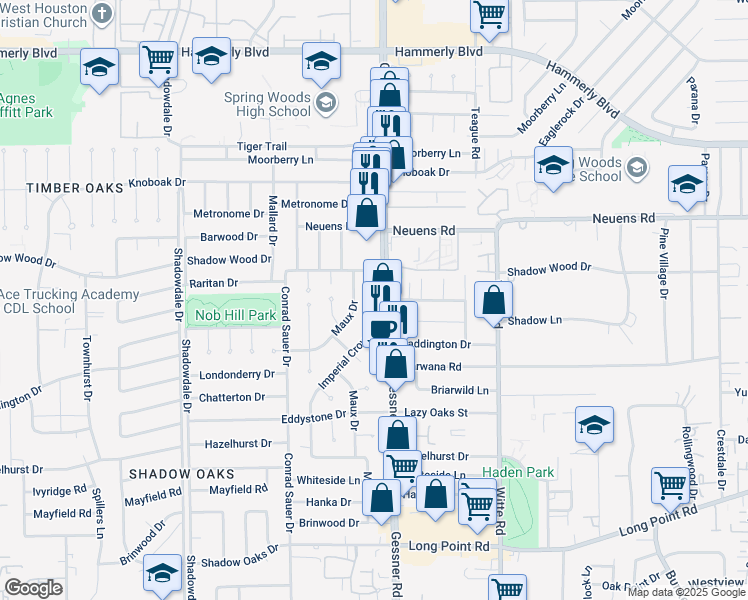 map of restaurants, bars, coffee shops, grocery stores, and more near 1711 Gessner Road in Houston