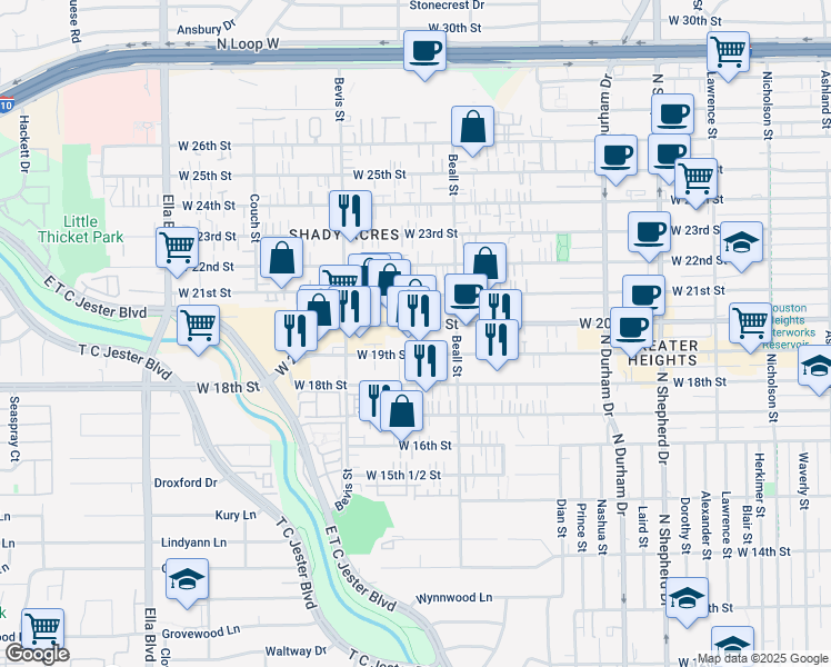 map of restaurants, bars, coffee shops, grocery stores, and more near 1138 West 20th Street in Houston